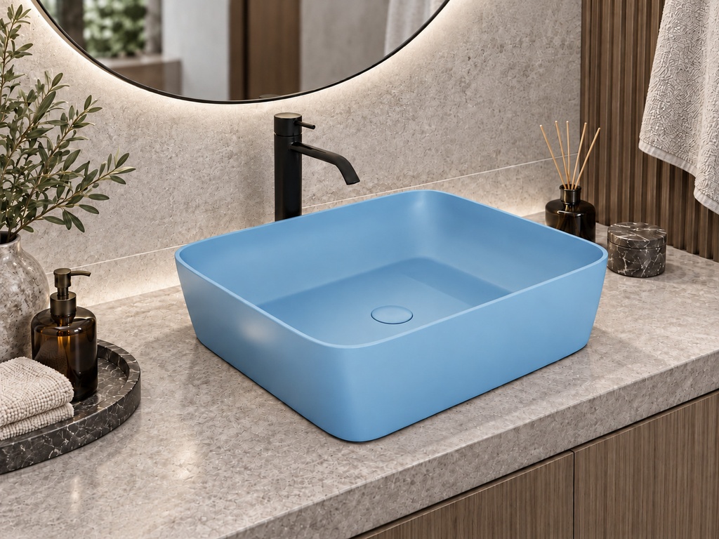 Lavoar pe blat DALET Pure, ceramică, 48 x 37 cm, design Karim Rashid, chiuvetă baie
