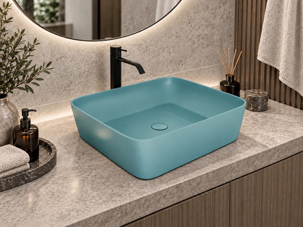 Lavoar pe blat DALET Pure, ceramică, 48 x 37 cm, design Karim Rashid, chiuvetă baie