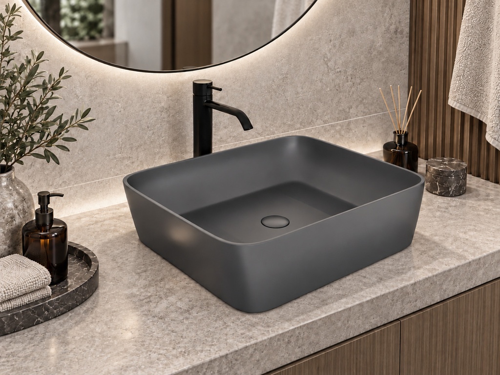 Lavoar pe blat DALET Pure, ceramică, 48 x 37 cm, design Karim Rashid, chiuvetă baie