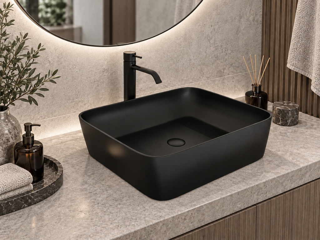 Lavoar pe blat DALET Pure, ceramică, 48 x 37 cm, design Karim Rashid, chiuvetă baie
